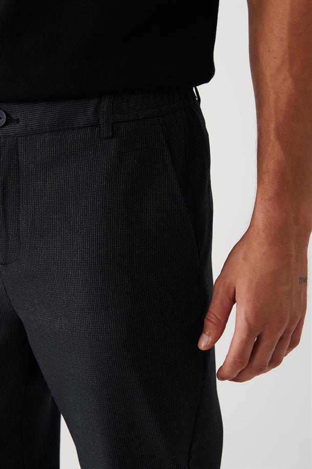 Lacivert Yanı Lastikli Dokulu Slim Fit Chino Pantolon