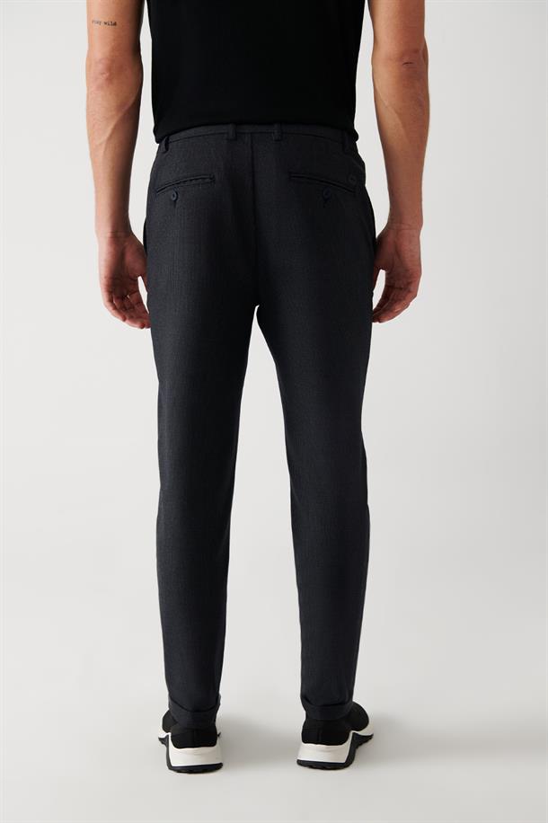 Lacivert Yanı Lastikli Dokulu Slim Fit Chino Pantolon
