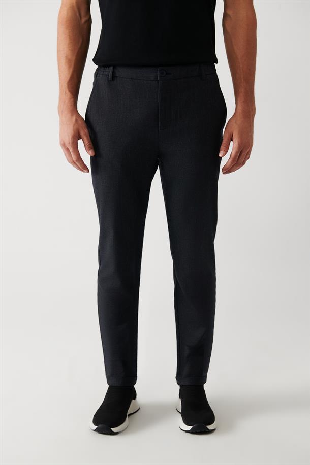 Lacivert Yanı Lastikli Dokulu Slim Fit Chino Pantolon