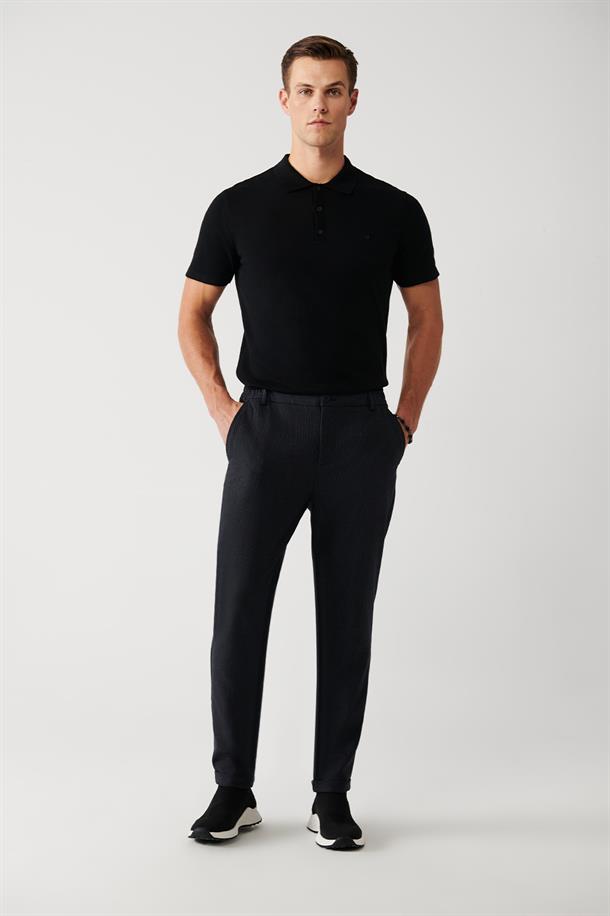 Lacivert Yanı Lastikli Dokulu Slim Fit Chino Pantolon