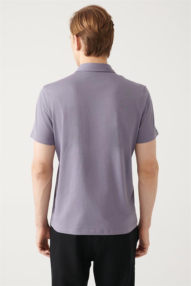 Lila Düğmeli  Polo Yaka T-Shirt