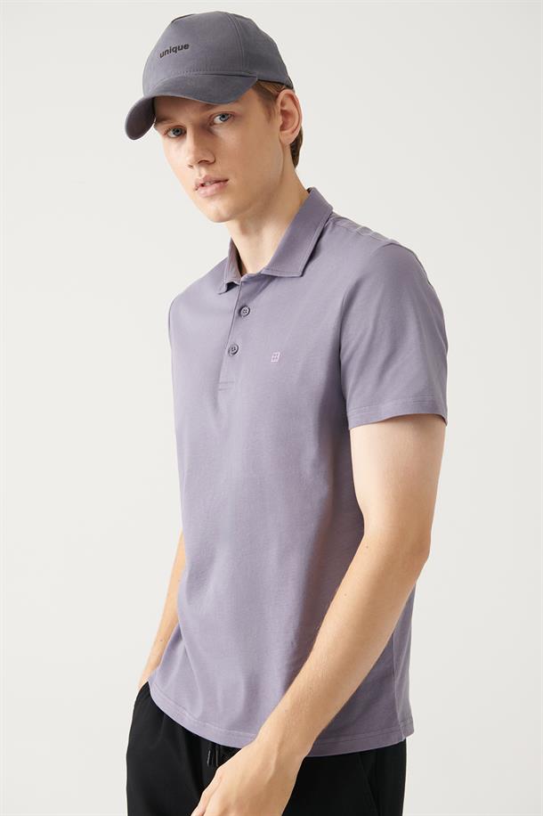 Lila Düğmeli  Polo Yaka T-Shirt