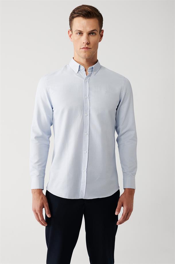 Mavi Alttan Britli Yaka Pamuklu Armürlü Slim Fit Gömlek