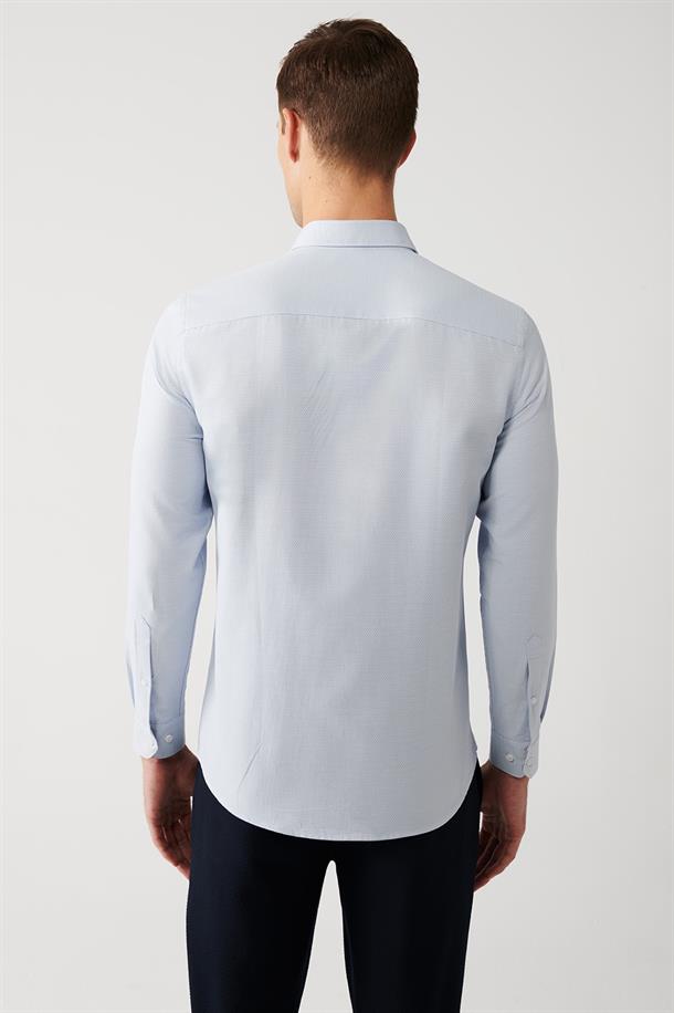 Mavi Alttan Britli Yaka Pamuklu Armürlü Slim Fit Gömlek