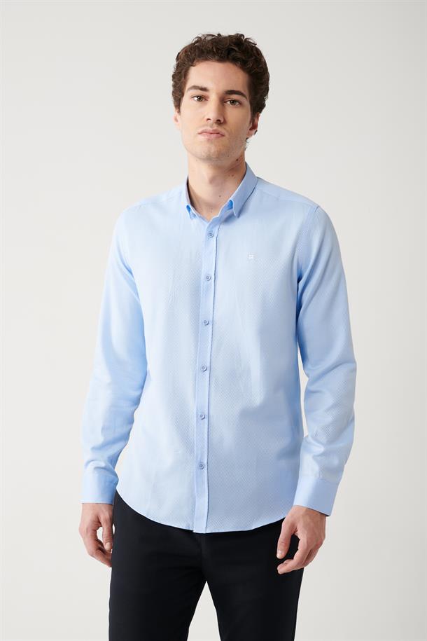 Mavi Alttan Britli Yaka Pamuklu Armürlü Slim Fit Gömlek