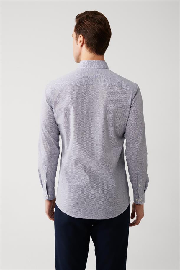 Mavi Düğmeli Yaka Desenli Şerit Detaylı Pamuk Karışımlı Slim Fit Gömlek
