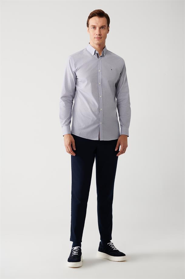 Mavi Düğmeli Yaka Desenli Şerit Detaylı Pamuk Karışımlı Slim Fit Gömlek