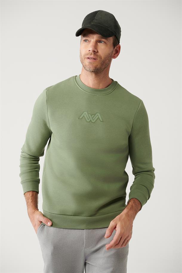 Nil Yeşili Şardonlu Kumaş Bisiklet Yaka Flok Baskılı Sweatshirt