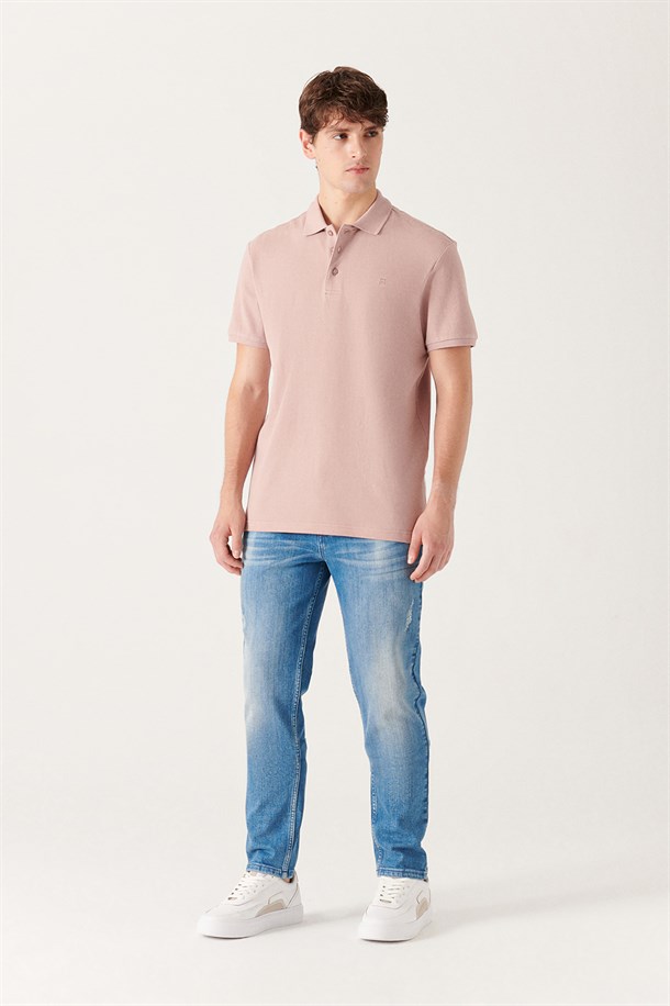 Pudra Polo Yaka Düz T-Shirt