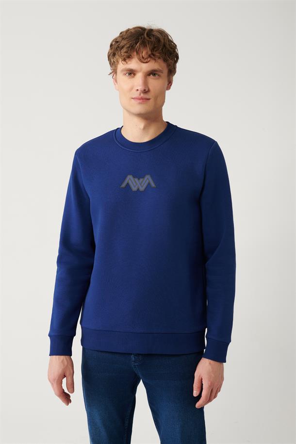 Saks Şardonlu Kumaş Bisiklet Yaka Enjeksiyon Baskılı Sweatshirt