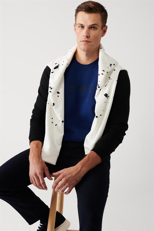 Saks Şardonlu Kumaş Bisiklet Yaka Slogan Baskılı ve Biyeli Sweatshirt