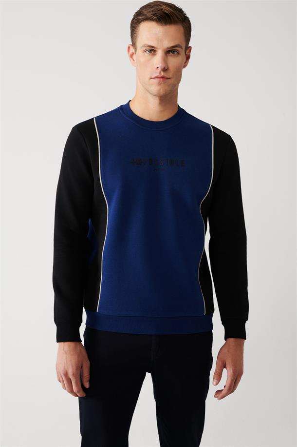 Saks Şardonlu Kumaş Bisiklet Yaka Slogan Baskılı ve Biyeli Sweatshirt