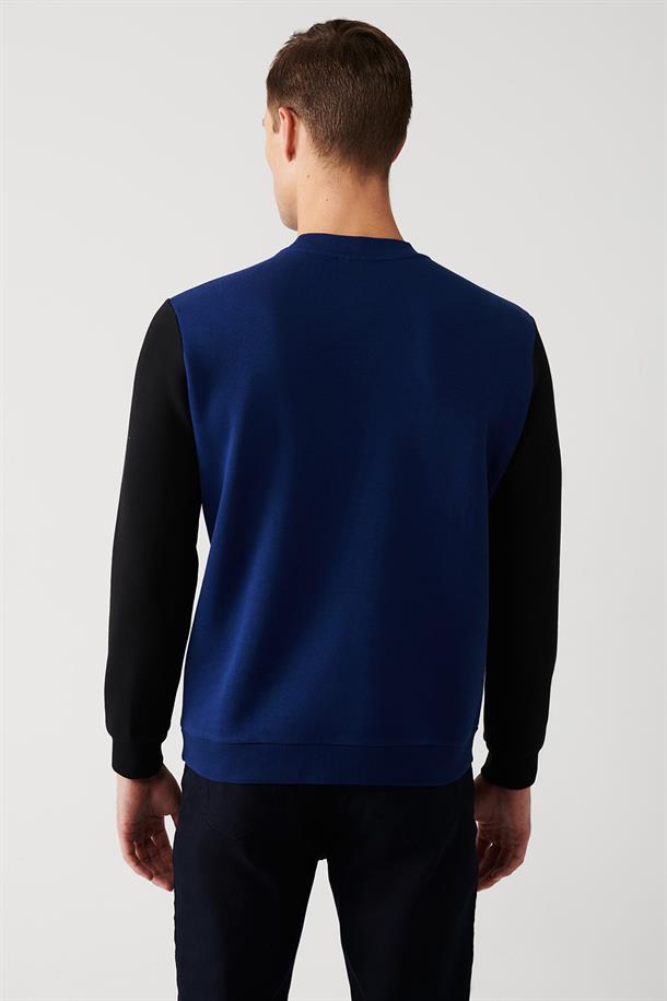 Saks Şardonlu Kumaş Bisiklet Yaka Slogan Baskılı ve Biyeli Sweatshirt
