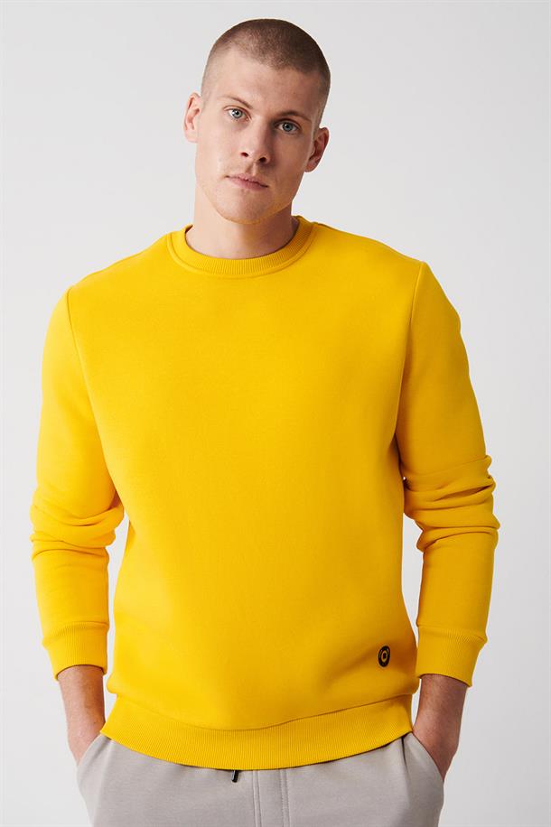 Sarı Bisiklet Yaka İçi Polarlı 3 İplik Pamuklu Regular Fit Standart Kesim Unisex Sweatshirt