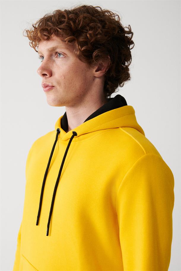 Sarı Kapüşonlu Yaka İçi Polarlı 3 İplik Pamuklu Unisex Sweatshirt