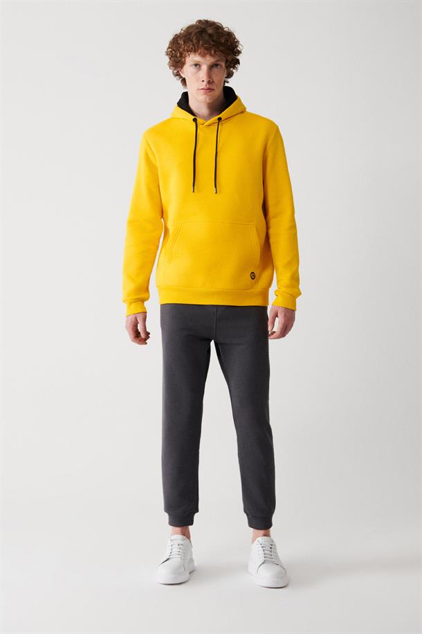 Sarı Kapüşonlu Yaka İçi Polarlı 3 İplik Pamuklu Unisex Sweatshirt