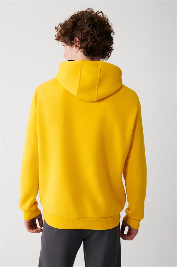 Sarı Kapüşonlu Yaka İçi Polarlı 3 İplik Pamuklu Unisex Sweatshirt