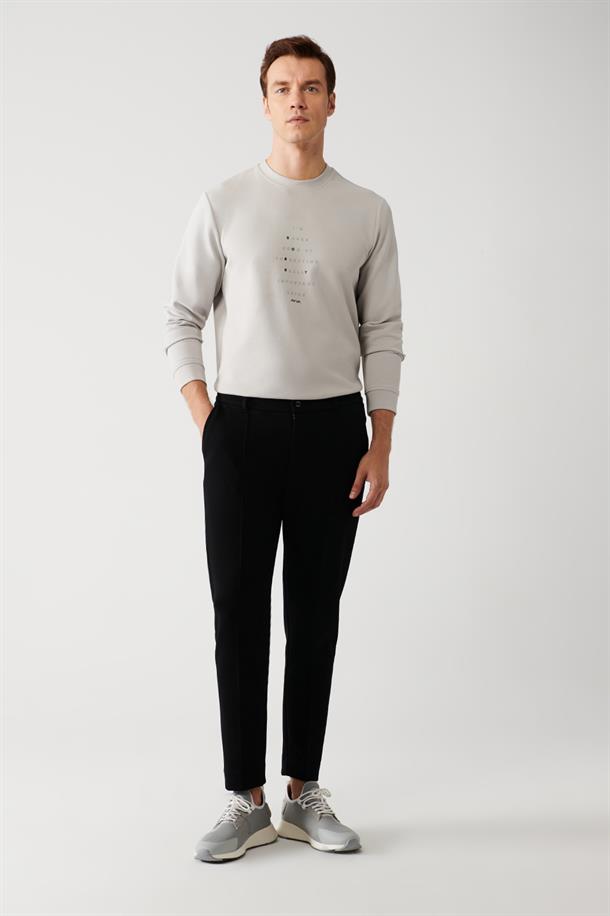 Siyah Arka Beli Lastikli Fleto Cep Fermuar Detaylı Örme Slim Fit Chino Pantolon