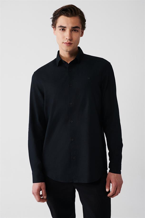 Siyah Armürlü %100 Pamuk Regular Fit Oxford Gömlek