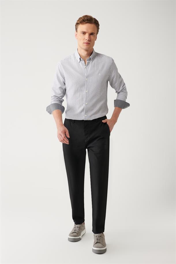 Siyah Beli Lastikli Dokulu Relaxed Fit Chino Pantolon
