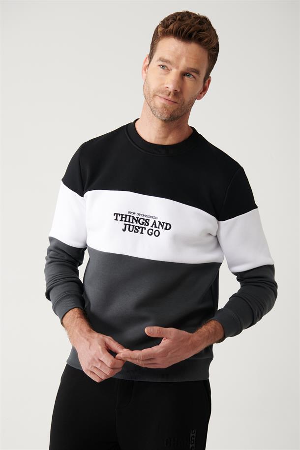 Siyah-Beyaz-Antrasit Bisiklet Yaka Parçalı Sweatshirt