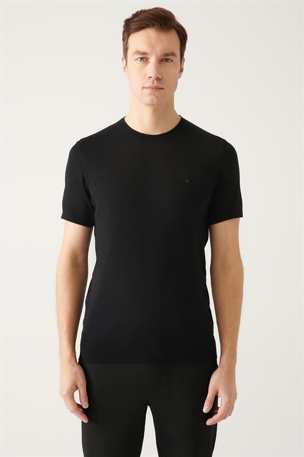 Siyah Bisiklet Yaka Basic Triko T-shirt