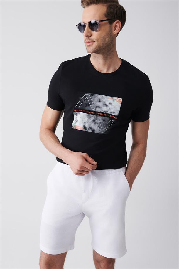 Siyah Bisiklet Yaka Baskılı  Oversize T-Shirt
