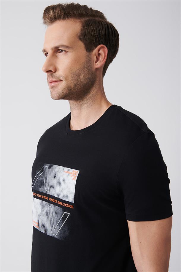 Siyah Bisiklet Yaka Baskılı  Oversize T-Shirt