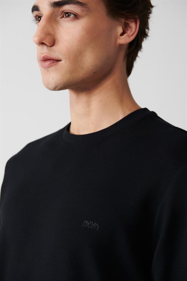 Siyah Bisiklet Yaka Baskılı Slim Fit Sweatshirt