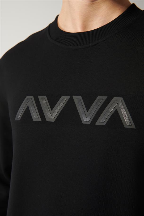 Siyah Bisiklet Yaka Baskılı Sweatshirt