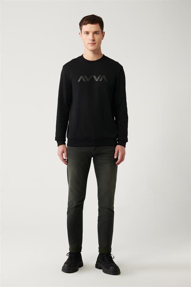 Siyah Bisiklet Yaka Baskılı Sweatshirt