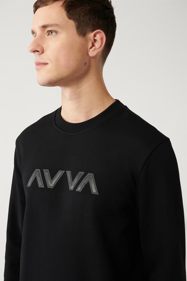 Siyah Bisiklet Yaka Baskılı Sweatshirt
