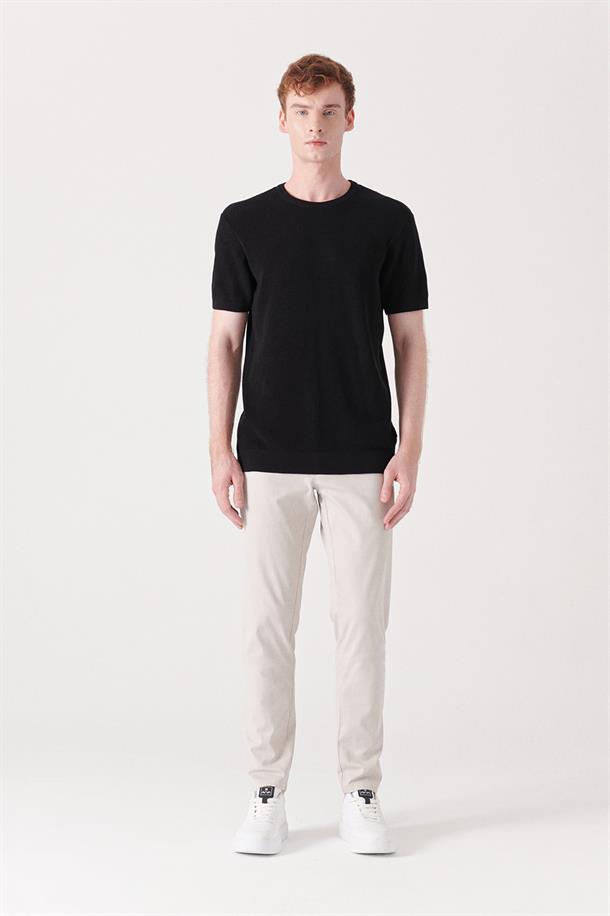 Siyah Bisiklet Yaka Dokulu Basic Triko T-shirt