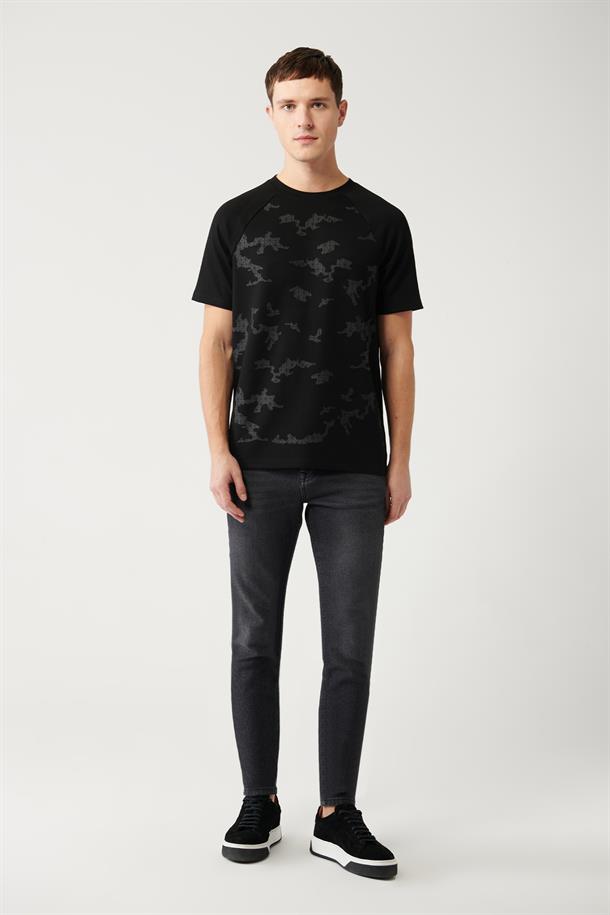 Siyah Bisiklet Yaka Kamuflaj Fleksi Baskılı Reglan Kol T-shirt
