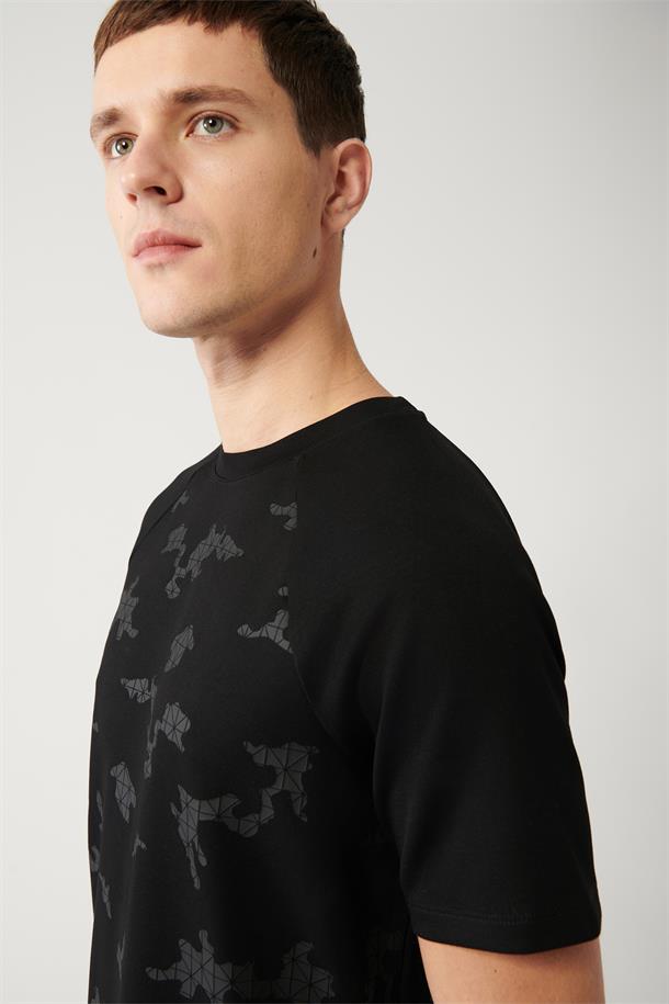 Siyah Bisiklet Yaka Kamuflaj Fleksi Baskılı Reglan Kol T-shirt