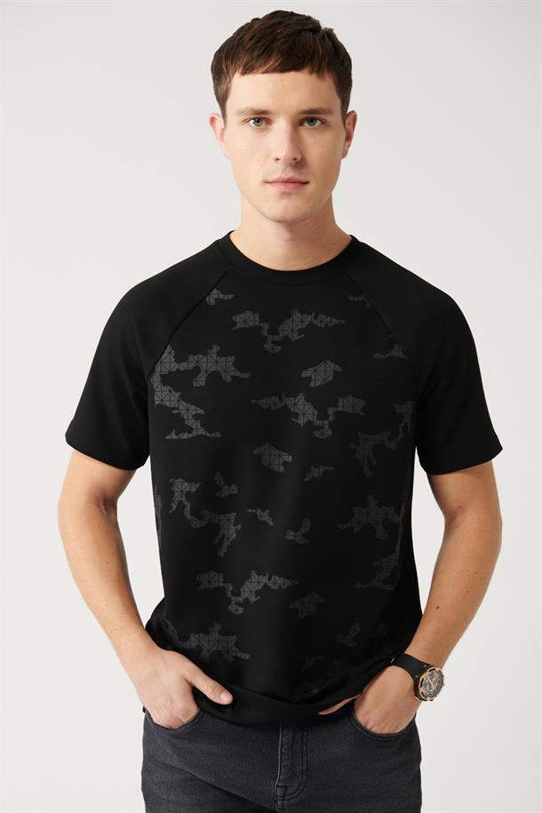 Siyah Bisiklet Yaka Kamuflaj Fleksi Baskılı Reglan Kol T-shirt