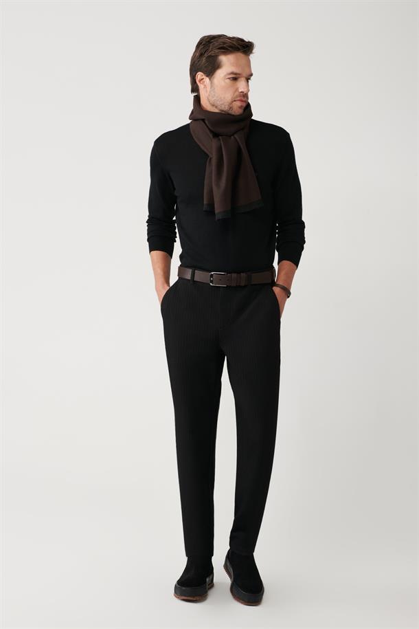 Siyah Dokulu Slim Fit Örme Chino Pantolon