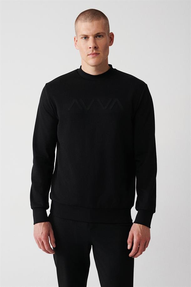 Siyah İnterlok Kumaş Bisiklet Yaka Baskılı Sweatshirt