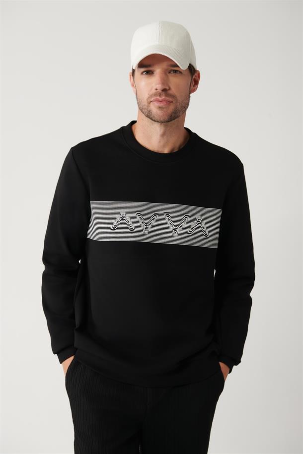 Siyah İnterlok Kumaş Bisiklet Yaka Baskılı Sweatshirt