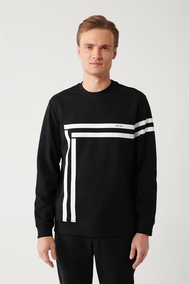 Siyah İnterlok Kumaş Bisiklet Yaka Baskılı Sweatshirt
