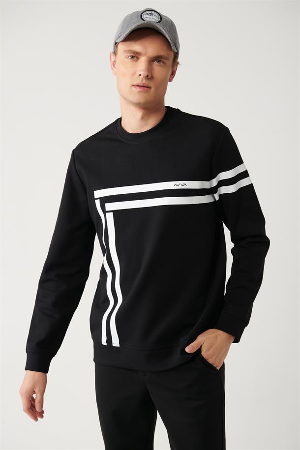 Siyah İnterlok Kumaş Bisiklet Yaka Baskılı Sweatshirt
