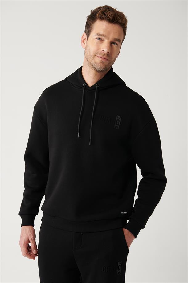 Siyah Kapüşonlu Yaka Gofre Baskılı Şardonlu 3 İplik Comfort Fit Rahat Kesim Sweatshirt