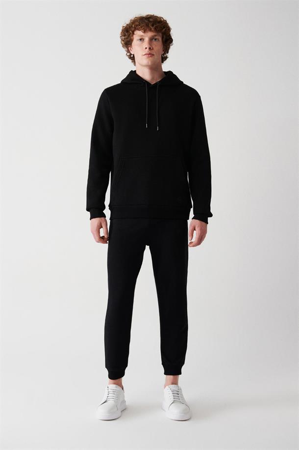 Siyah Kapüşonlu Yaka İçi Polarlı 3 İplik Pamuklu Regular Fit Standart Kesim Unisex Sweatshirt