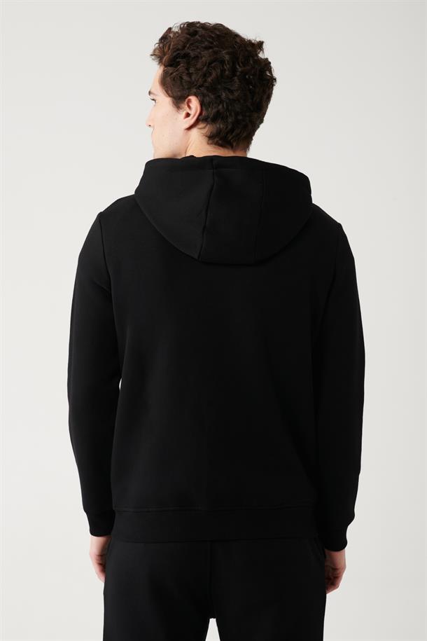 Siyah Kapüşonlu Yaka İçi Polarlı 3 İplik Fermuarlı Regular Fit Standart Kesim Unisex Hırka