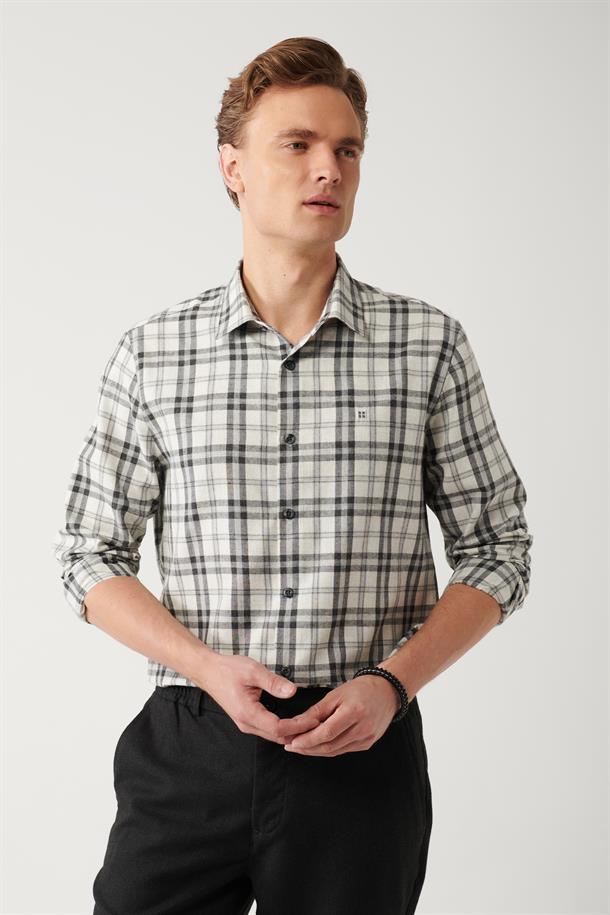 Siyah Klasik Yaka Ekose Desenli Flanel Comfort Fit Gömlek