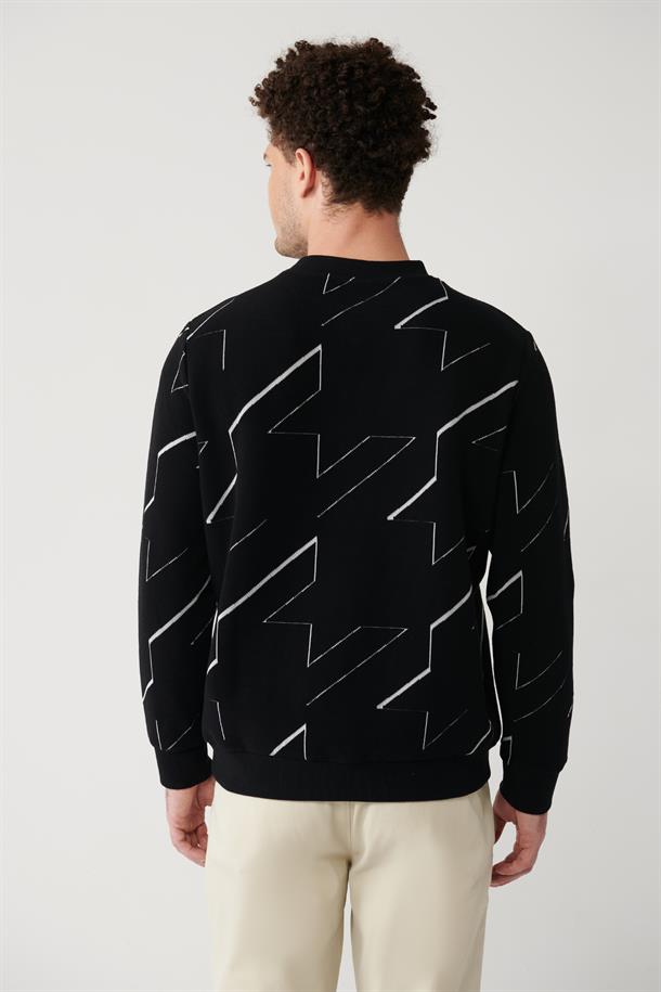 Siyah Ottomon Kumaş Bisiklet Yaka Jakarlı Sweatshirt