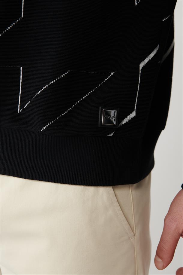 Siyah Ottomon Kumaş Bisiklet Yaka Jakarlı Sweatshirt
