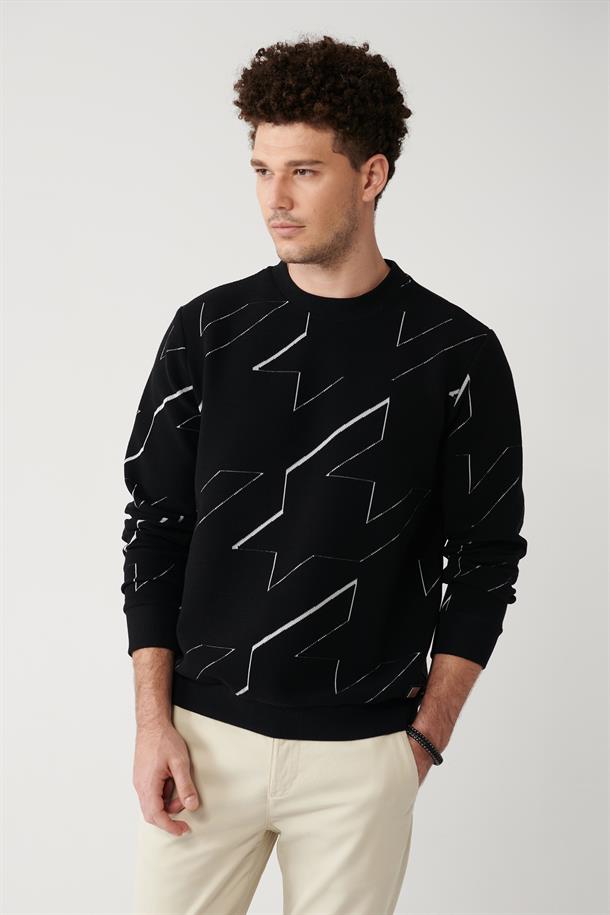 Siyah Ottomon Kumaş Bisiklet Yaka Jakarlı Sweatshirt