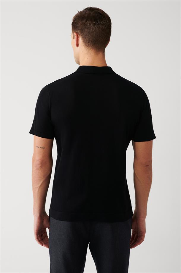 Siyah Pamuklu Polo Yaka Regular Fit İnce Triko T-Shirt