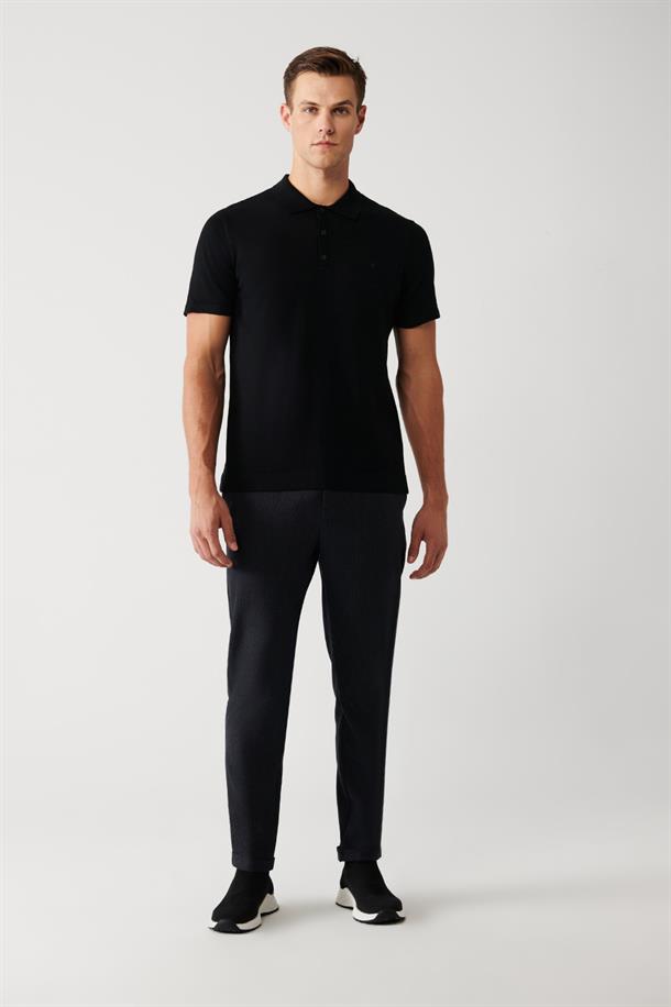 Siyah Pamuklu Polo Yaka Regular Fit İnce Triko T-Shirt